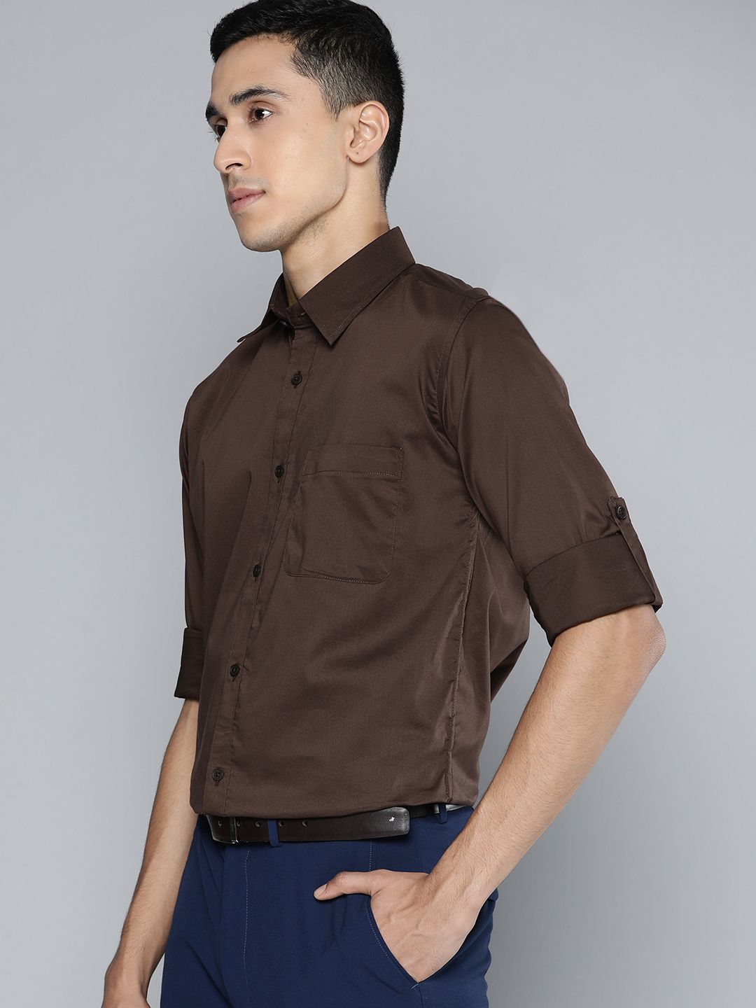 DENNISON Men Brown Solid Smart Slim Fit Stretchable Lycra Formal Shirt