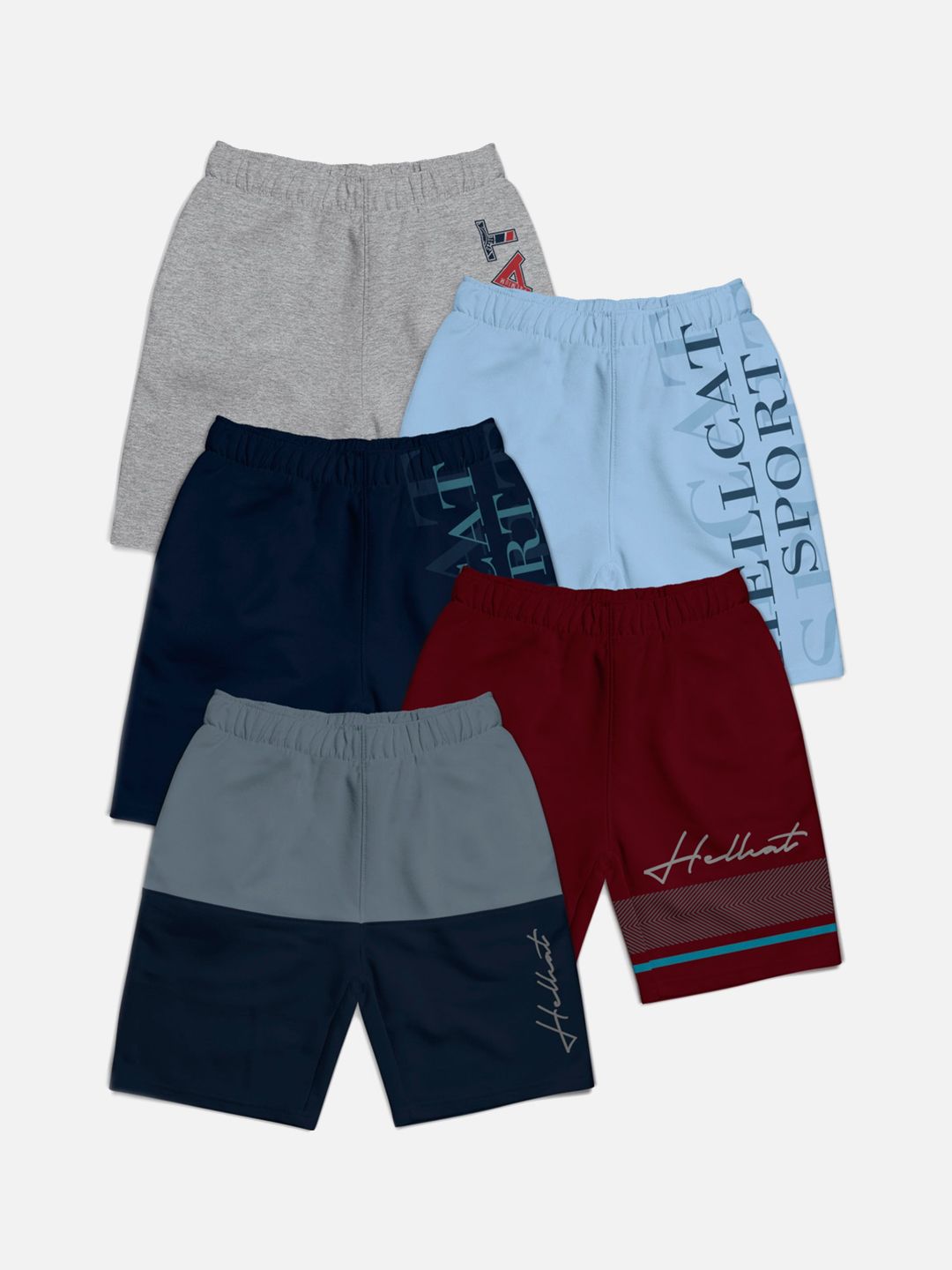 HELLCAT Boys Pack Of 5 Typography Printed Regular Shorts