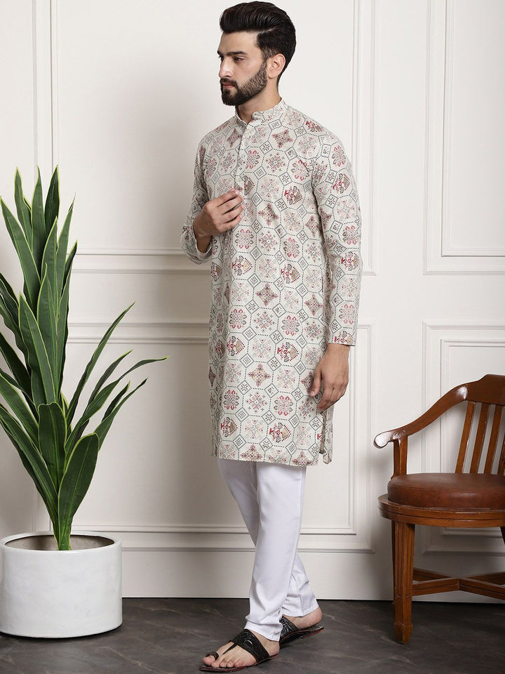 Sojanya Lelaki Beige Printed Cotton Linen Kurta dengan Churidar