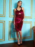 SASSAFRAS Maroon Shoulder Straps Cut-Outs Detail Velvet Sheath Dress