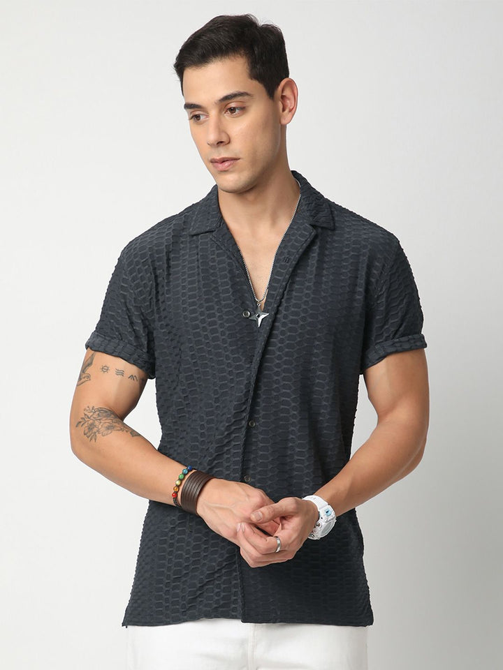 VASTRADO Men Classic Cuban Collar Textured Oversized Casual Shirt
