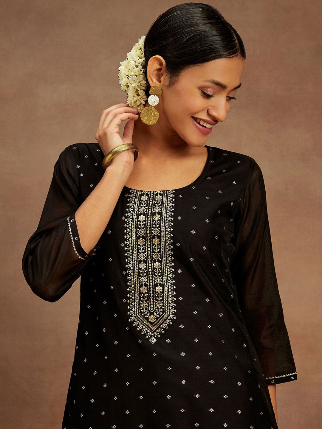 Libas Floral Sequinned Embroidered Chanderi Silk Straight Kurta