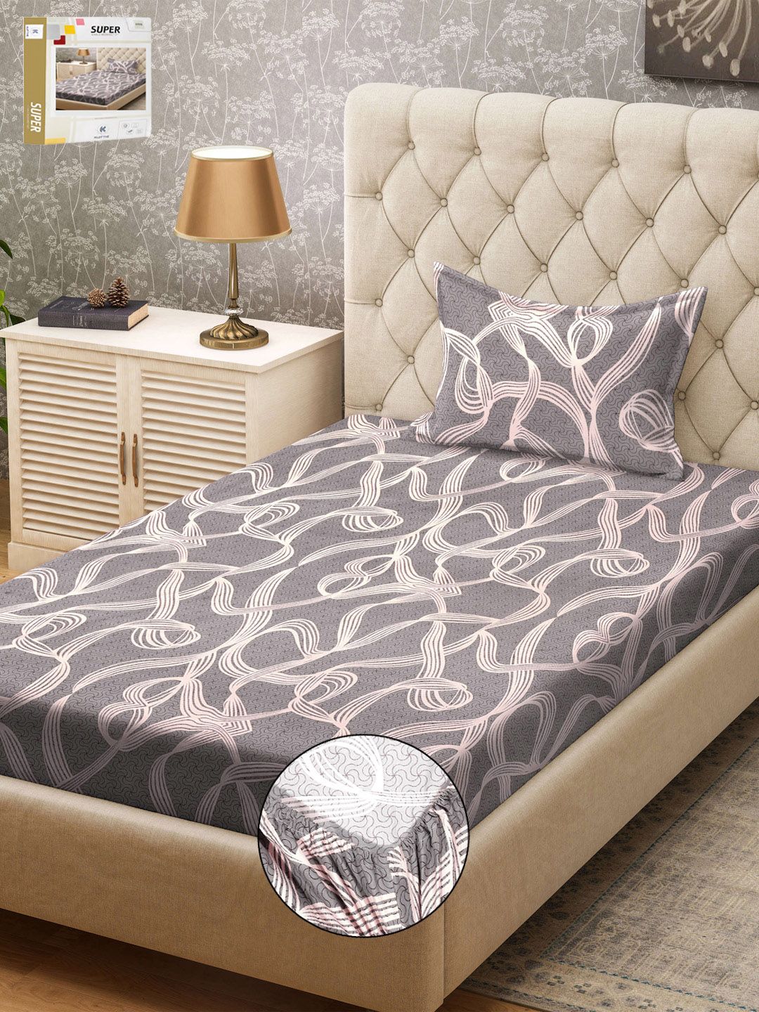 KLOTTHE Grey & White Printed Fitted 300TC Single Bedsheet & Pillow Covers