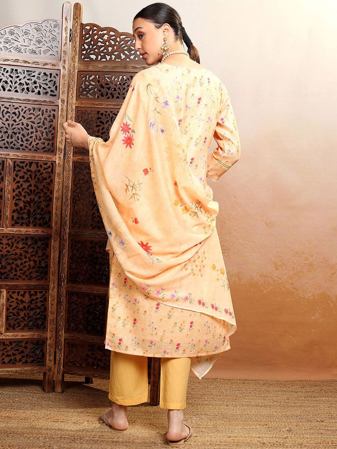 Vishudh Orange Printed Thread Work Pure Cotton Straight Kurta WithTrousers & Dupatta
