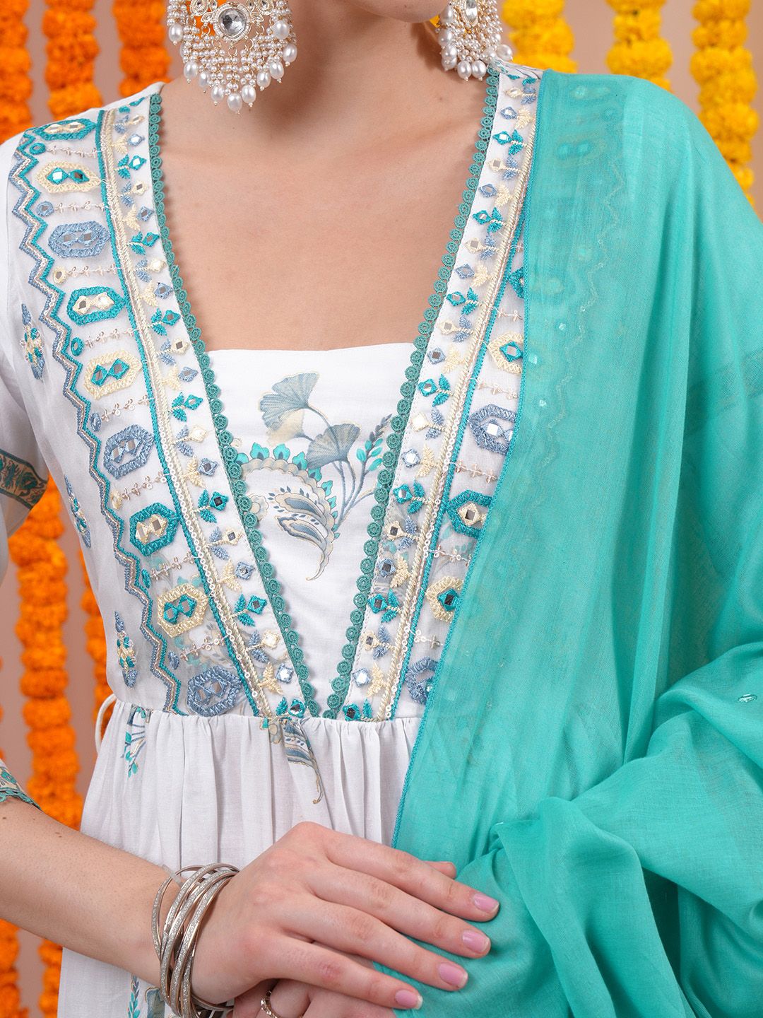 Vishudh White Floral Printed Empire Thread Work Pure Cotton Kurta with Trousers & Dupatta