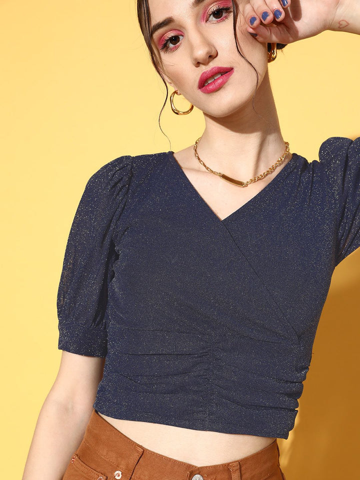 Antheaa Women Stunning Navy Blue Solid Volume Play Top