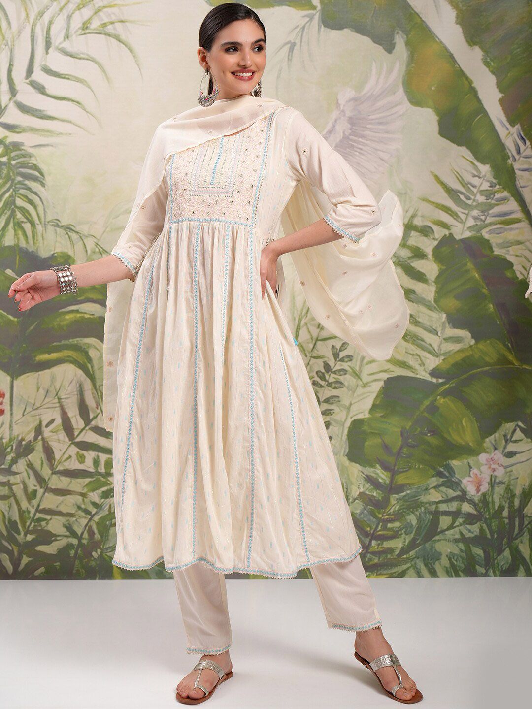 Vishudh Cream Coloured Embroidered Pure Cotton Anarkali Kurta With Trousers & Dupatta
