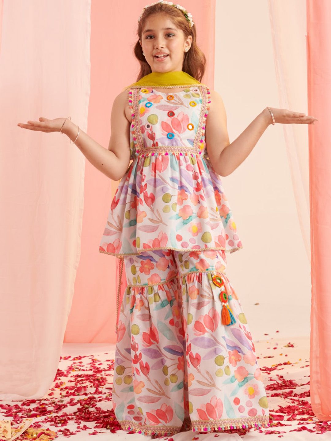 pspeaches Girls Floral Printed Angrakha Kurta with Sharara & With Dupatta