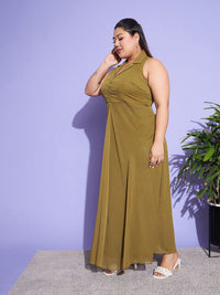 SASSAFRAS Curve Green Plus Size Cuban Collar Sleeveless Maxi Dress