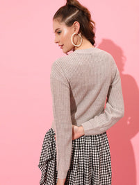 STREET 9 Women Grey Ribbed Long Sleeves Pullover