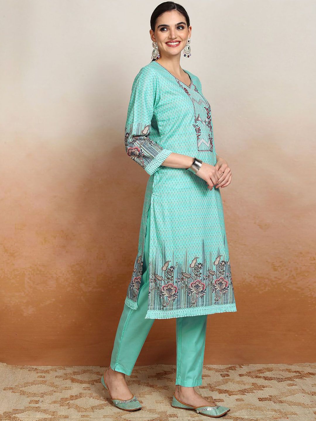 Vishudh  Ethnic Motifs Embroidered Pure Cotton Straight Kurta & Trousers With Dupatta