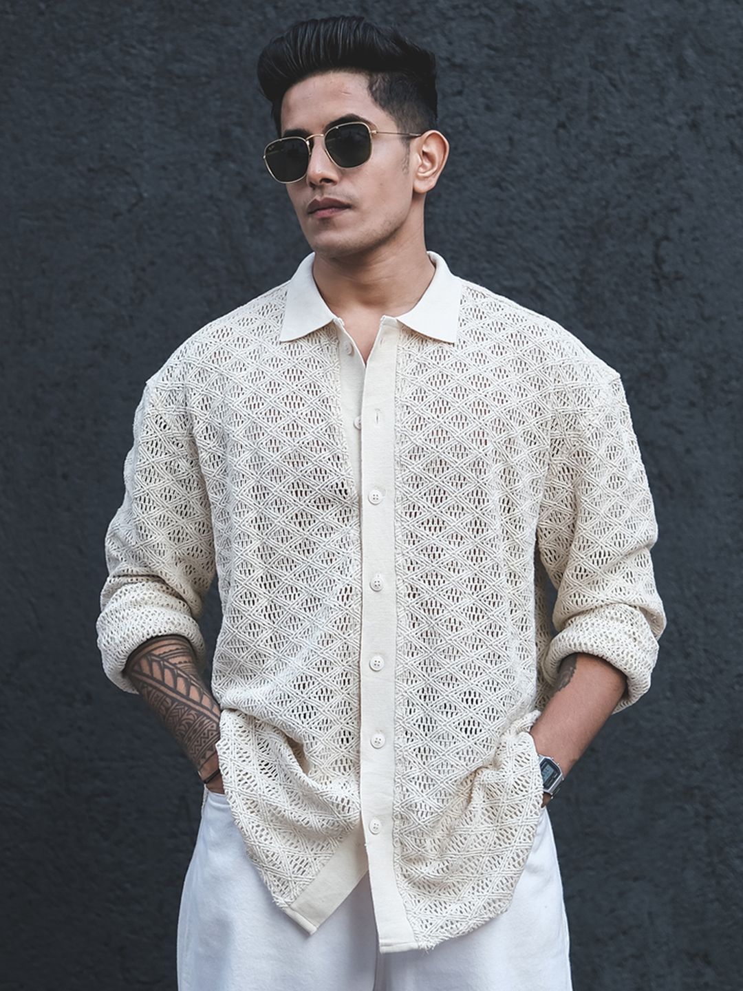 Powerlook White India Slim Oversized Geometric Self Design Crochet Semi Sheer Shirt
