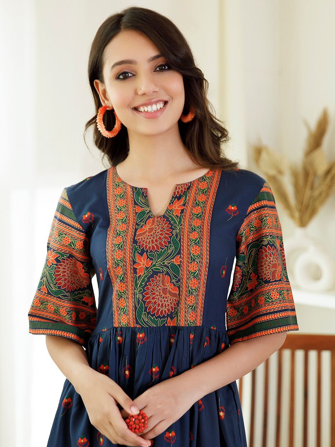 Rustorange Floral Printed Midi Pure Rayon Dress