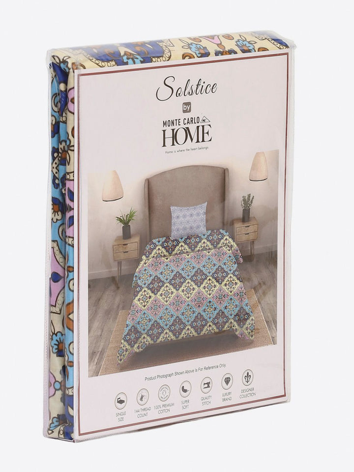 Monte Carlo Blue Ethnic Motifs Printed Cotton 144 TC Single Bedsheet Set 2.29 x 1.52 m