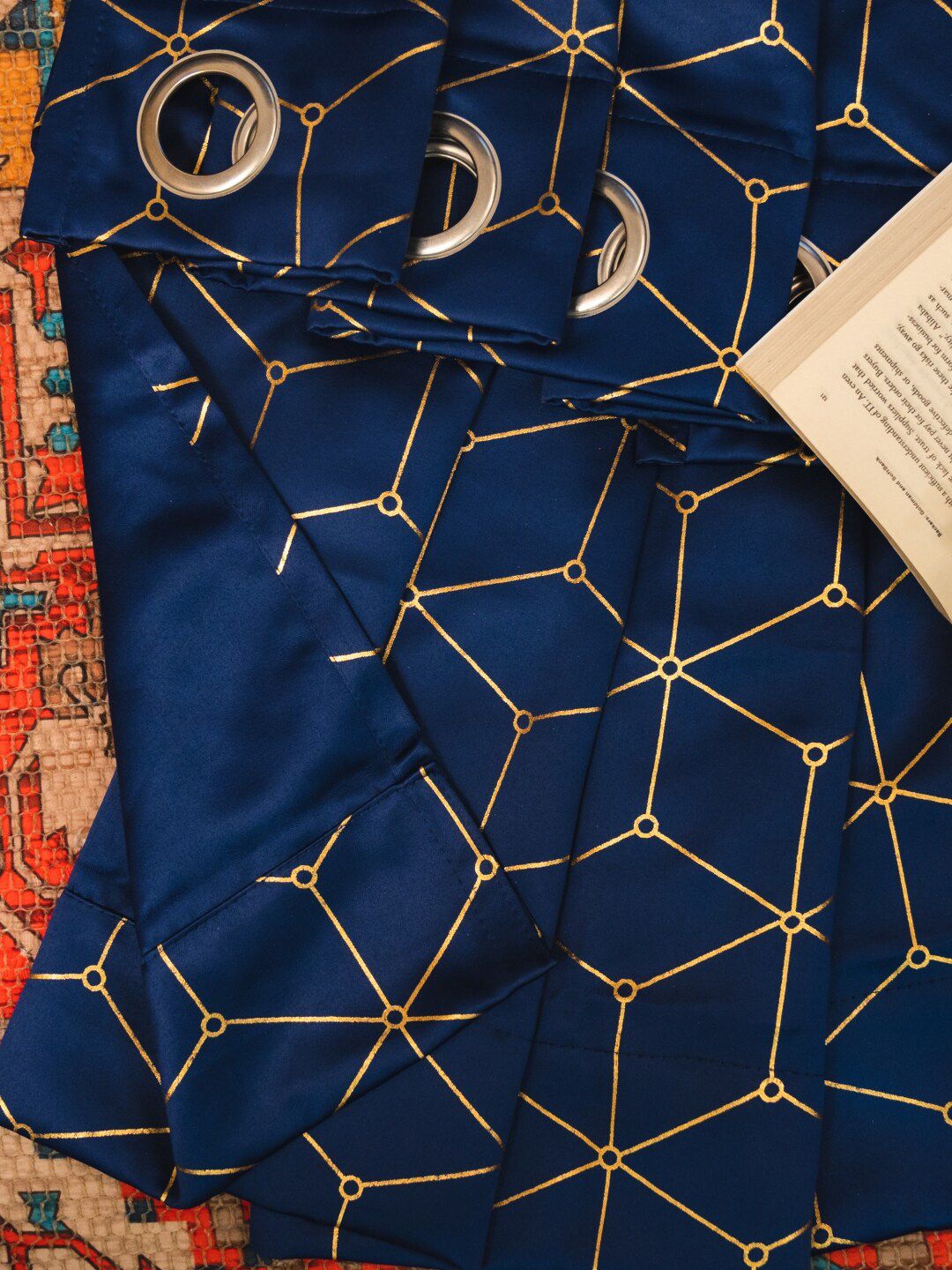 URBAN SPACE Navy Blue & Gold-Toned Geometric Black Out Door Curtain