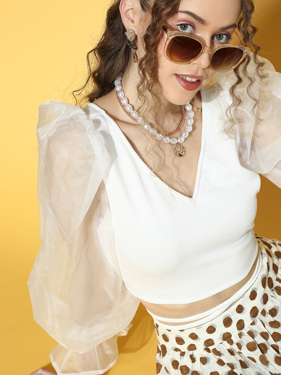 Athena Women Classic White Self-Design Puff Sleeves Top