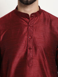 SOJANYA Men Maroon & Beige Self Design Kurta with Churidar & Nehru Jacket