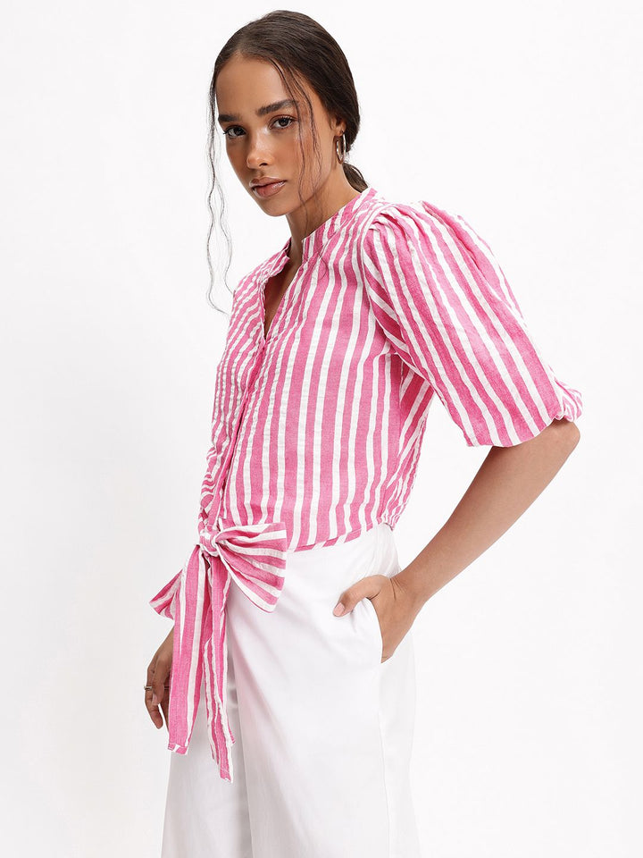 DressBerry Preppy Perfect Stripes Knotted Cotton Shirt Style Top
