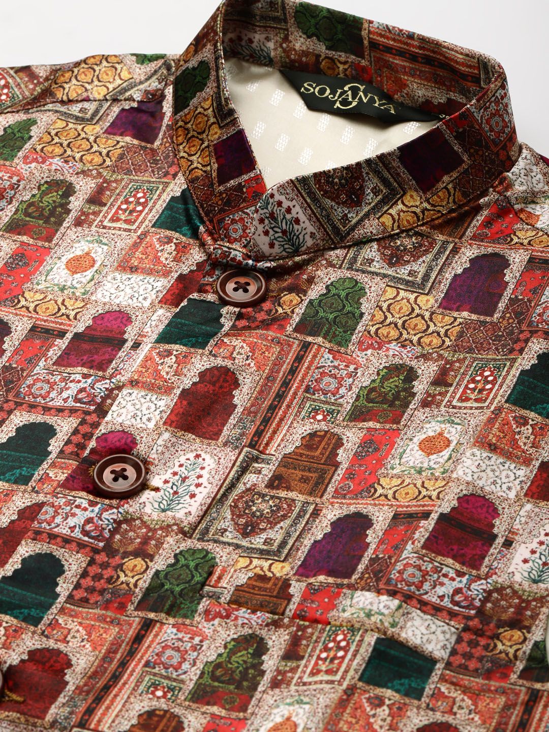 SOJANYA Men Beige & Black Ethnic Motifs Print Kurta & Churidar with Nehru Jacket