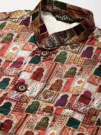 SOJANYA Men Beige & Black Ethnic Motifs Print Kurta & Churidar with Nehru Jacket