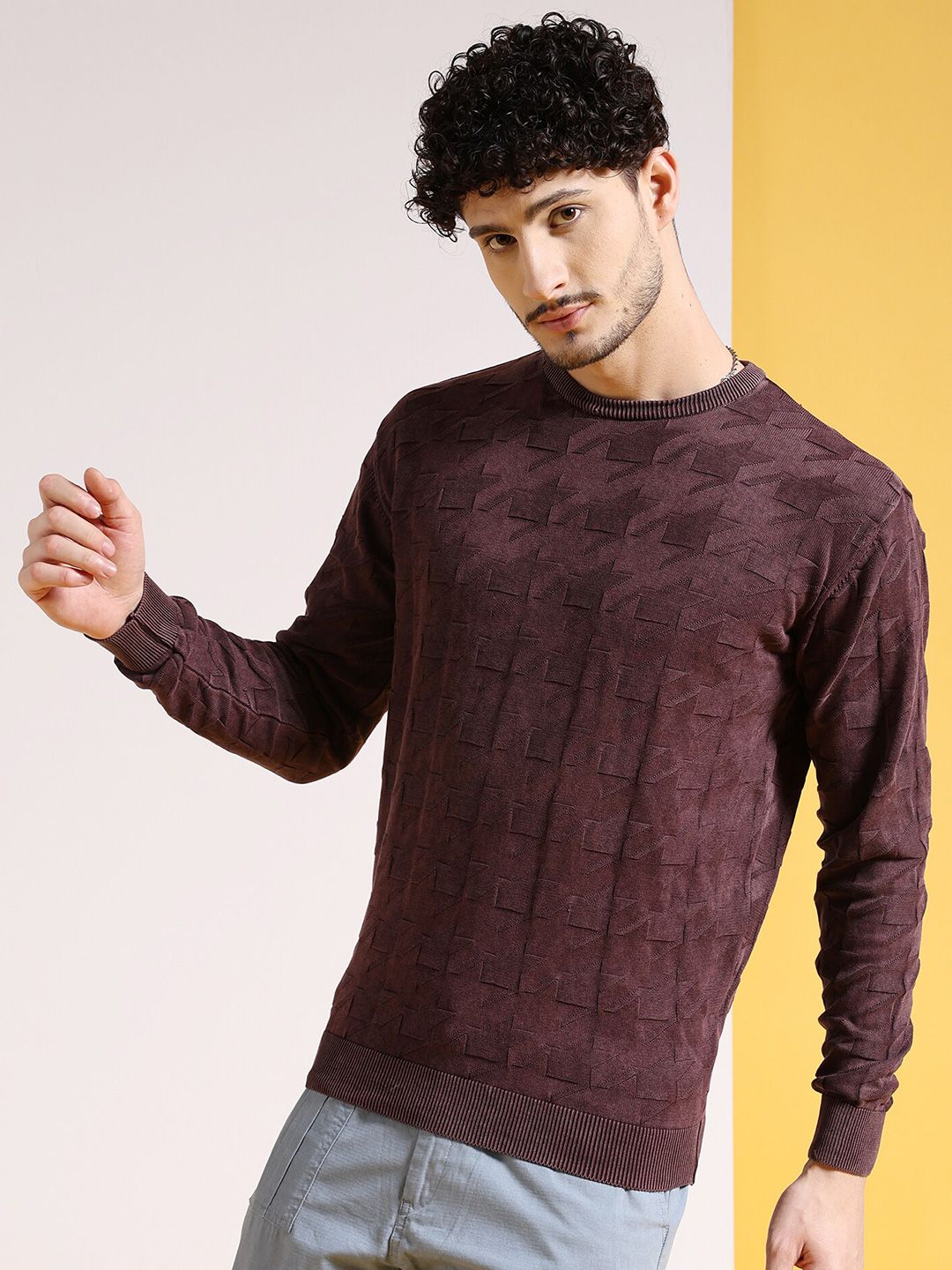 The Indian Garage Co Brown Geometric Self Design Acrylic Pullover