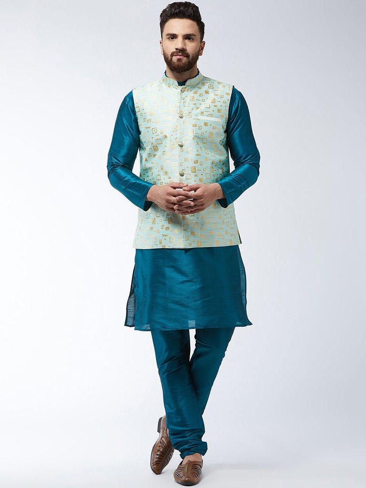SOJANYA Mandarin Collar Straight Kurta with Churidar with Printed Nehru Jacket