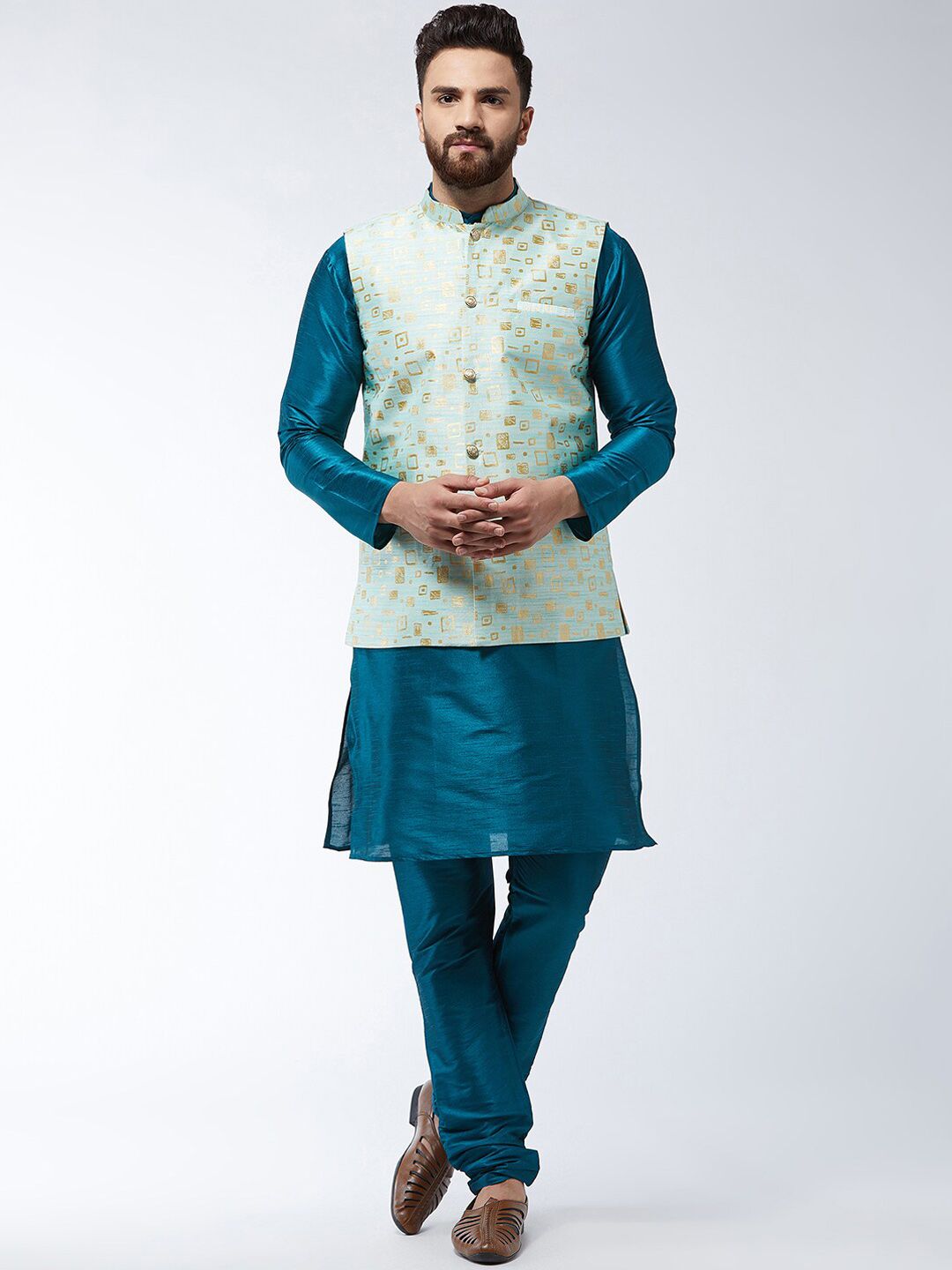 SOJANYA Mandarin Collar Straight Kurta with Churidar with Printed Nehru Jacket