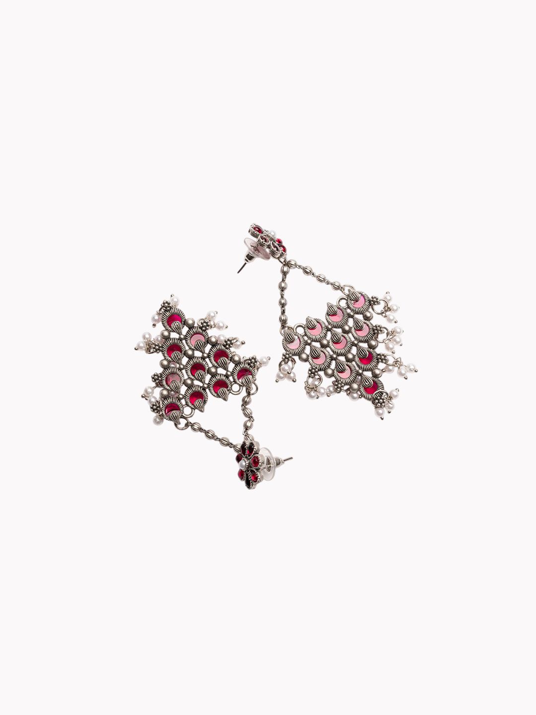 PANASH Silver-Plated Stones Studded And Beaded Contemporary Shaped Oxidized Drop Earrings