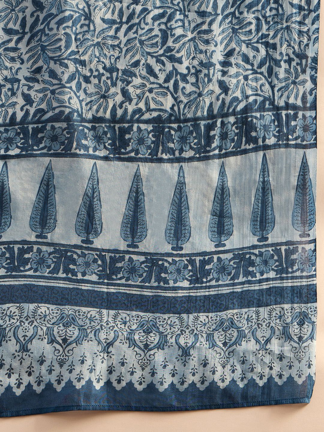 Indo Era Blue Floral Printed V-Neck Pure Cotton Straight Kurta with Palazzo & Dupatta