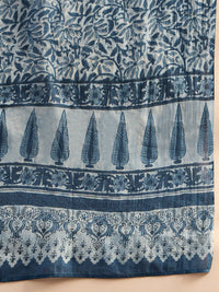 Indo Era Blue Floral Printed V-Neck Pure Cotton Straight Kurta with Palazzo & Dupatta