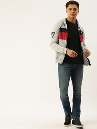 The Indian Garage Co Men Grey Melange & Navy Blue Colourblocked Hooded Sweatshirt