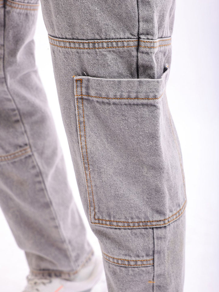 The Indian Garage Co Men Dad Fit Mid-Rise Clean Look Heavy Fade Cargo Style Cotton Jeans