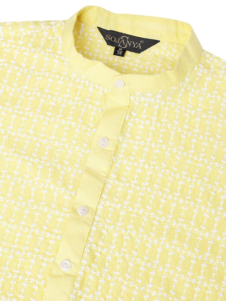 SOJANYA Floral Embroidered Mandarin Collar Pure Cotton Straight Kurta