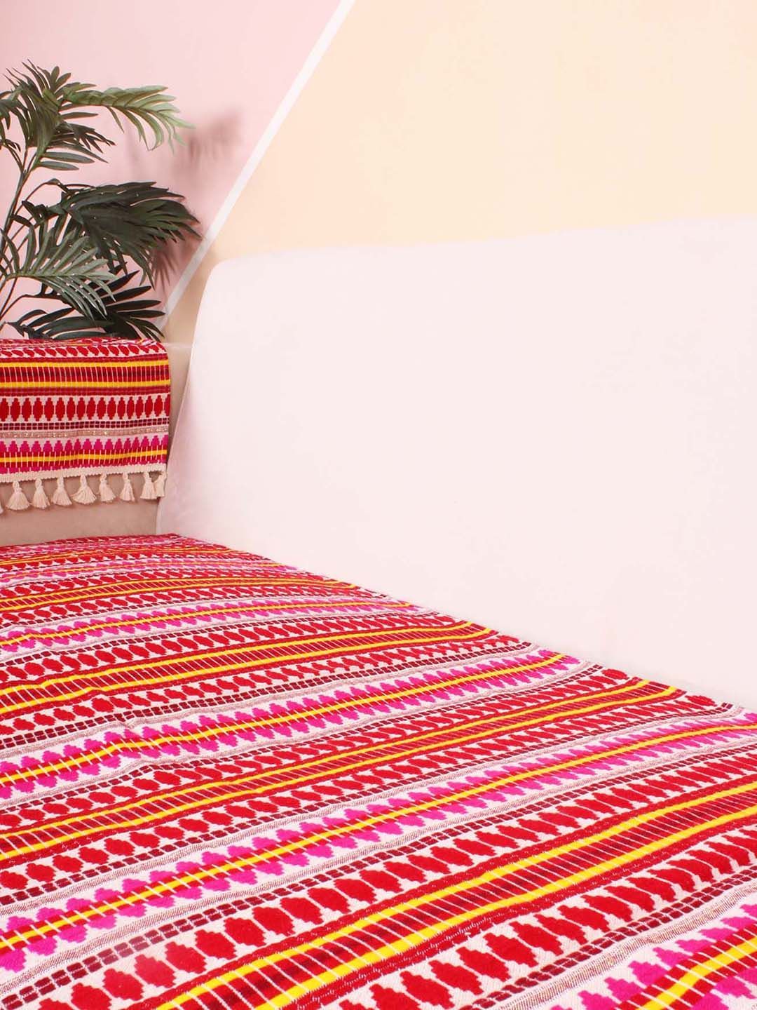 STITCHNEST Red & Yellow Jacquard Printed 3-Seater Sofa Cover
