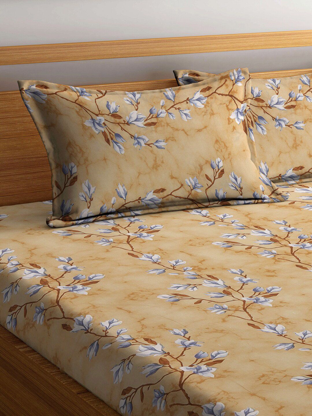 KLOTTHE Coklat Floral Kapas Tulen 400 TC Dilengkapi Cadar King Superfine dengan 2 Sarung Bantal-98 x 89 inci
