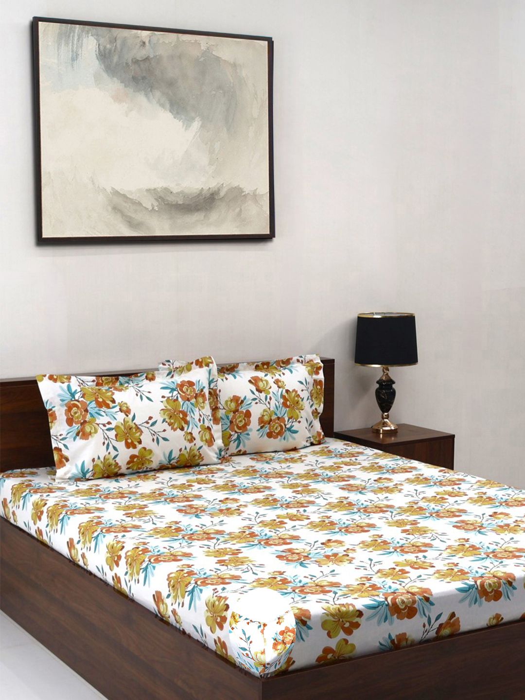 BOMBAY DYEING Allure Brown Floral Cotton 144 TC Fitted Bedsheet Set-1.52 m X1.98mX 30cm
