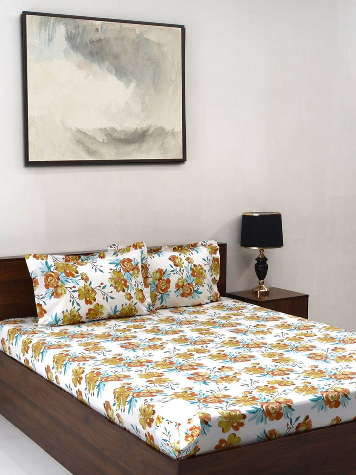 BOMBAY DYEING Allure Brown Floral Cotton 144 TC Fitted Bedsheet Set-1.52 m X1.98mX 30cm