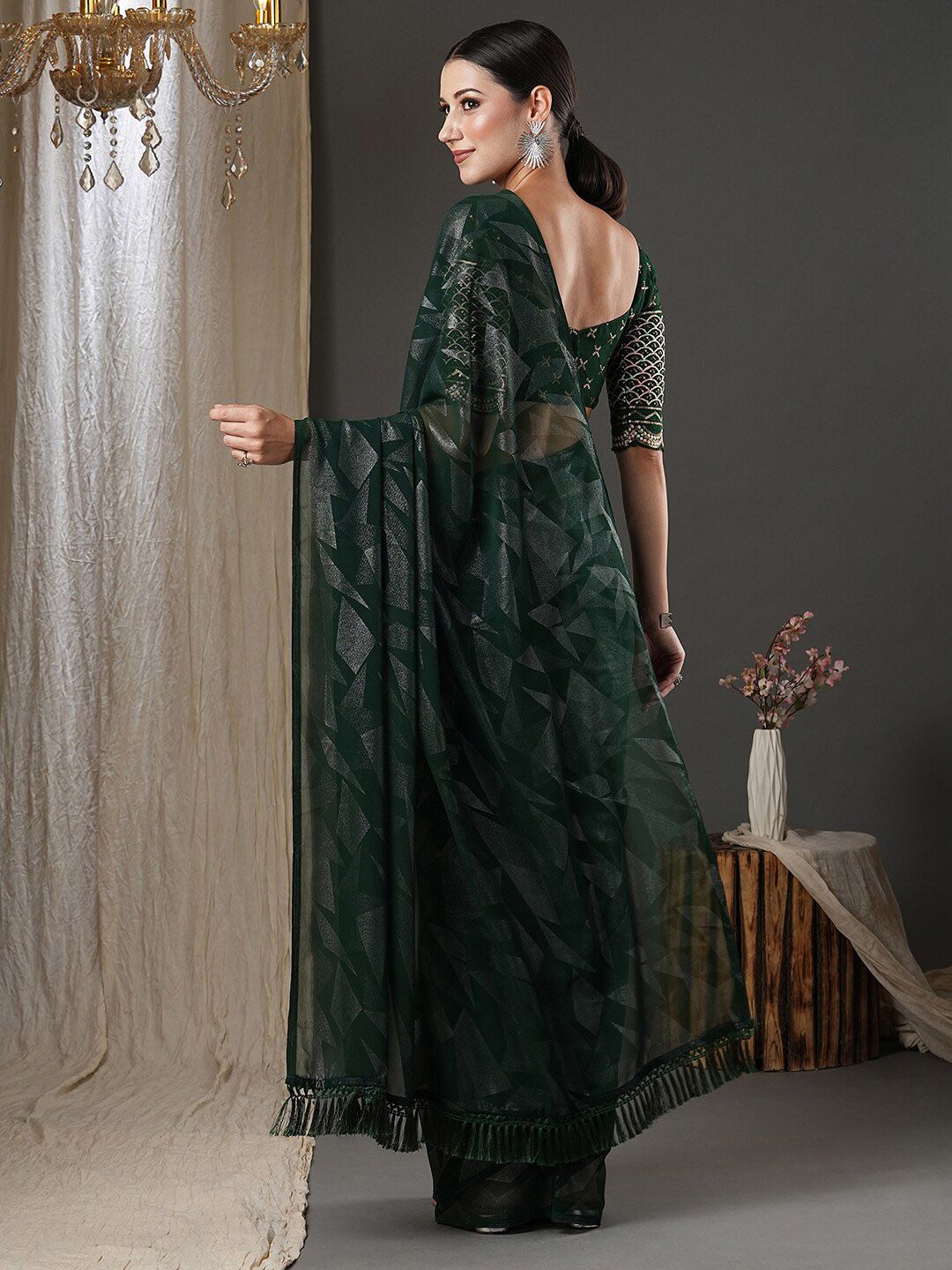 Saree mall Green Abstract Printed Poly Georgette Saree