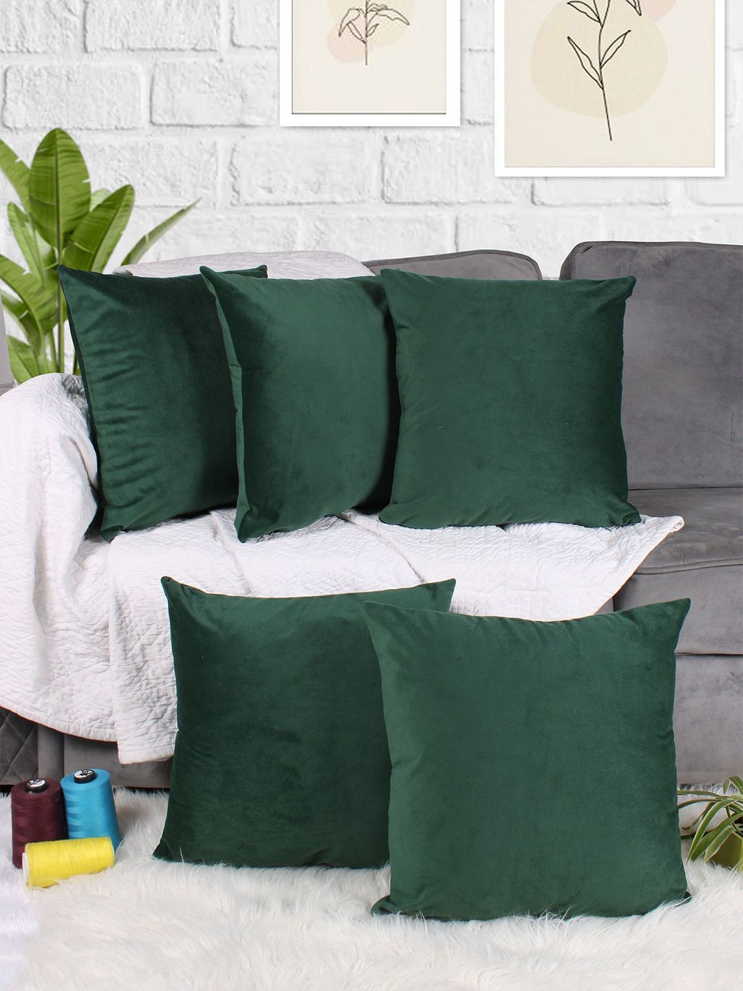 STITCHNEST Green 5 Pieces Velvet Square Cushion Covers
