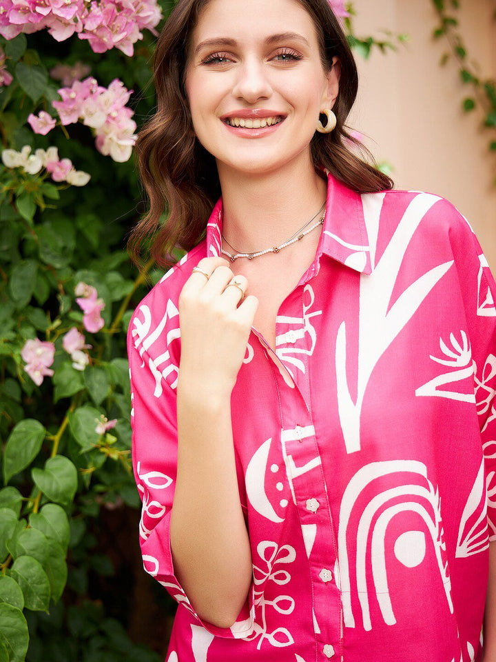 Athena Pink & White Abstract Printed Linen Shirt Gaya Top
