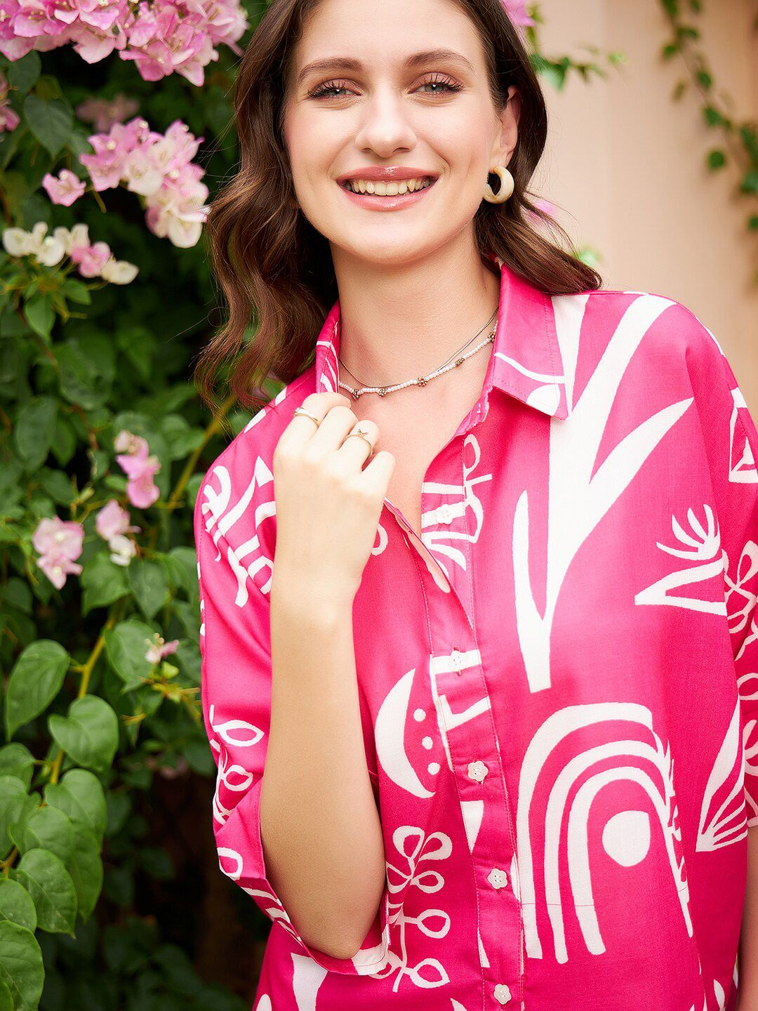 Athena Pink & White Abstract Printed Linen Shirt Gaya Top