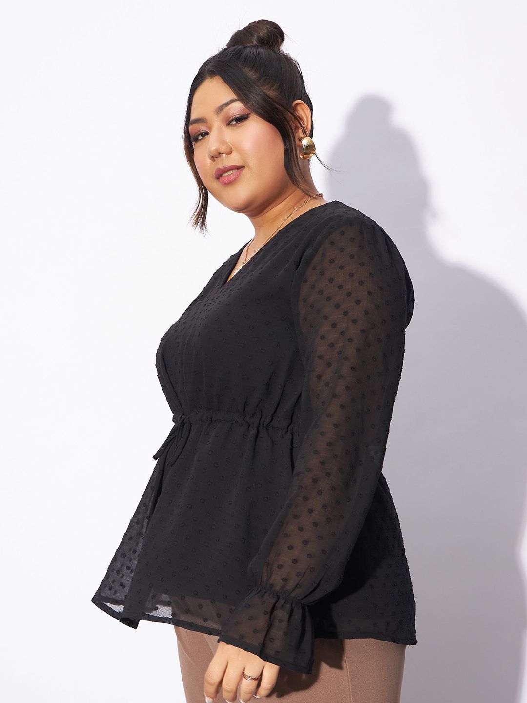 SASSAFRAS Curve Plus Size Self Design V-Neck Peplum Top