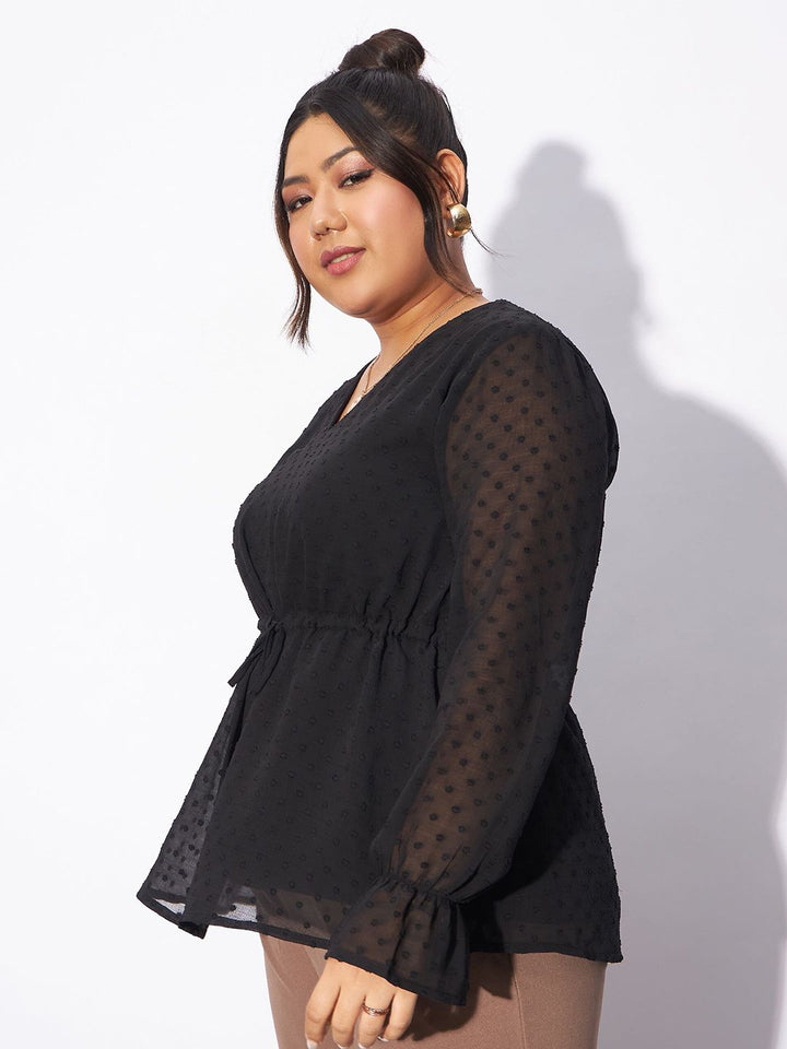 SASSAFRAS Curve Plus Size Self Design V-Neck Peplum Top