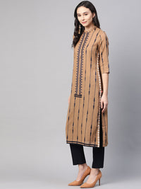 W Women Brown & Navy Blue Striped Straight Kurta