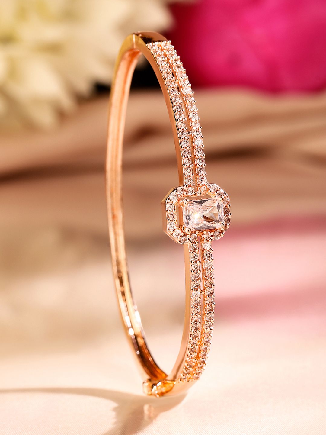 Rubans 18k Rose Gold-Plated Zirconia Zirconia Dual Band Bekas Gelang Terbuka