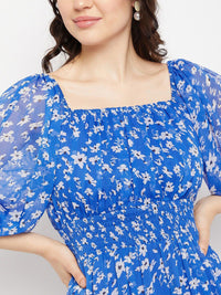 Antheaa Square Neck Floral Printed Smocked Tiered Chiffon Fit & Flare Midi Dress