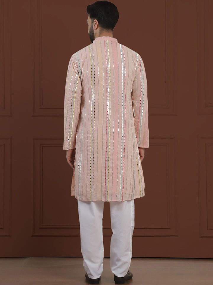 SOJANYA LUXE  Striped Embroidered Mirror Work Straight Kurta With Pyjama