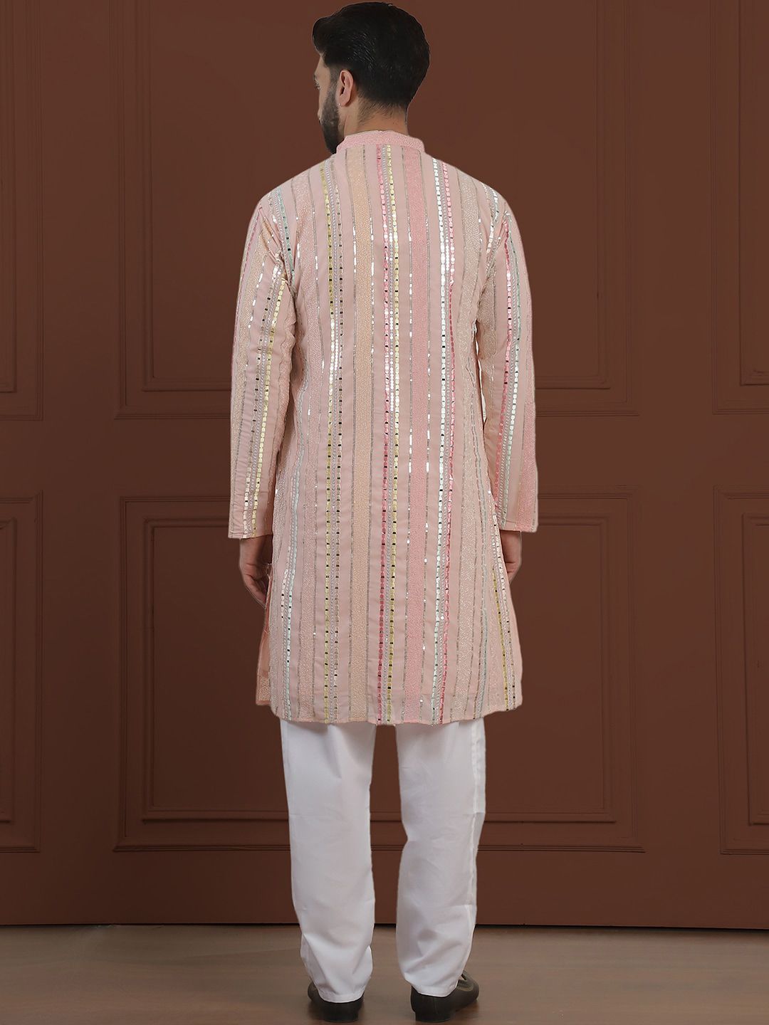 SOJANYA LUXE  Striped Embroidered Mirror Work Straight Kurta With Pyjama