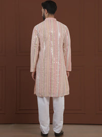 SOJANYA LUXE  Striped Embroidered Mirror Work Straight Kurta With Pyjama