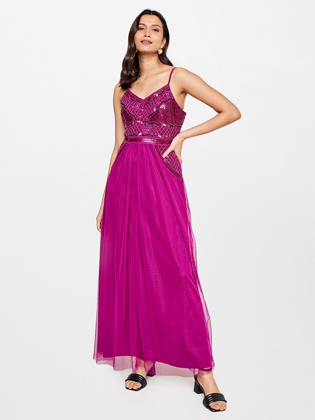 AND Magenta Embellished Shoulder Strap Maxi Dress